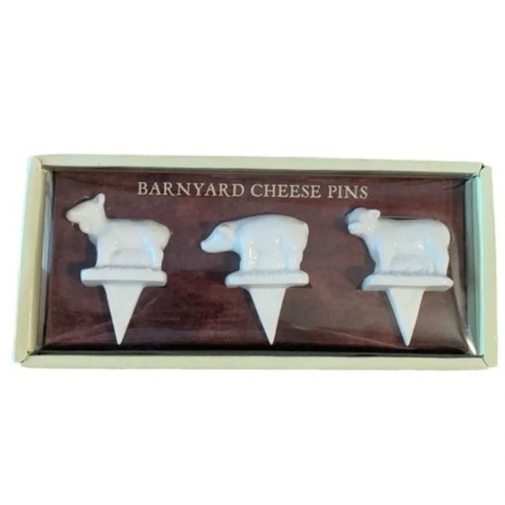 Sur la Table Barnyard Cheese Pins Porcelain Set of 3 COW SHEEP PIG New